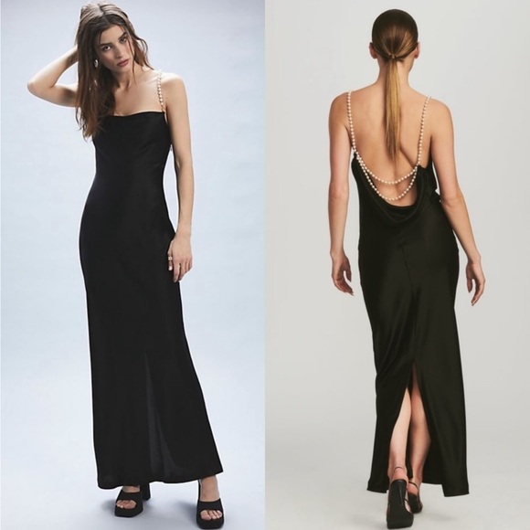 NWT RETROFETE Satin Pearl Halter Strap Sleeveless Draped Open Back Maxi Dress S - Picture 1 of 10